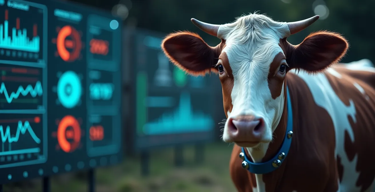 Vaca con collar inteligente con acelerómetro, panel de datos en tiempo real mostrando patrones de movimiento y rumia