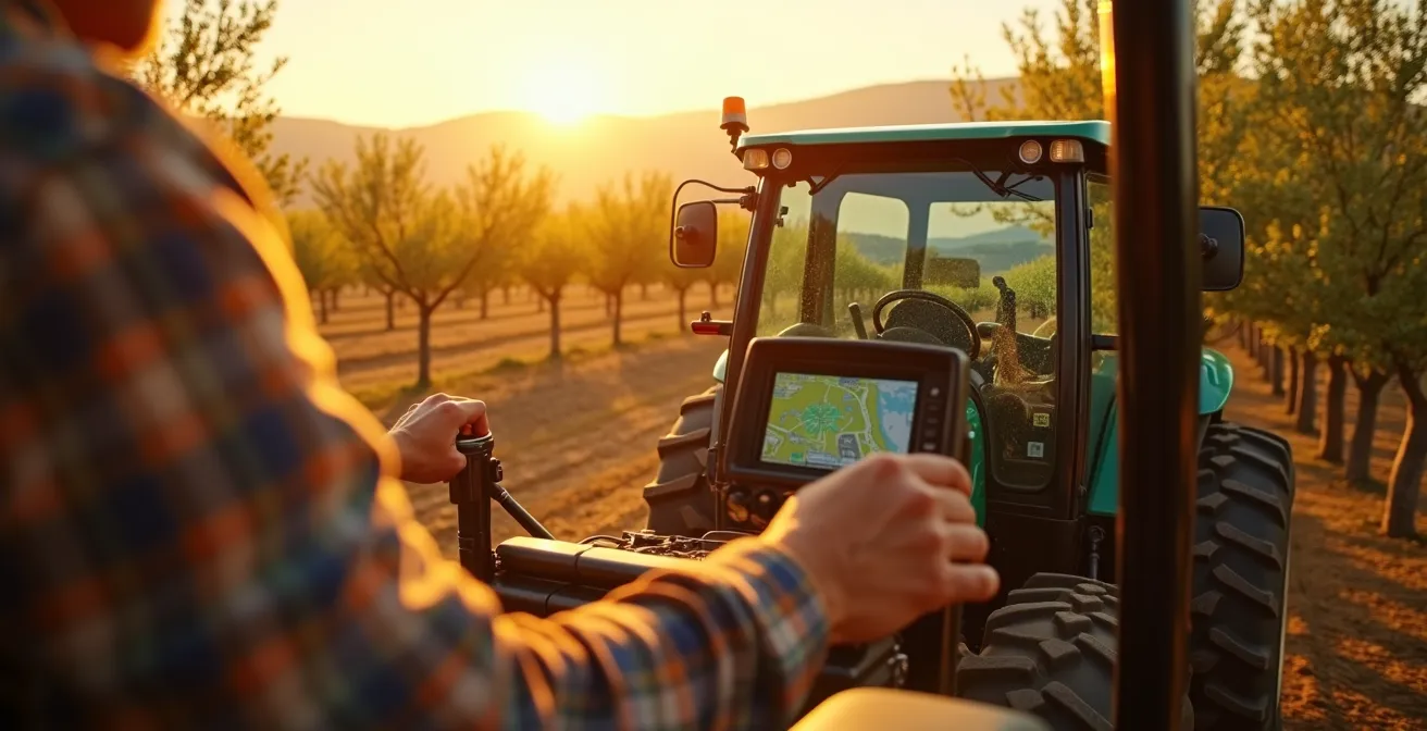 Una explotación agrícola familiar española con maquinaria moderna de precisión, mostrando cómo la tecnología permite a agricultores pequenos competir eficientemente.