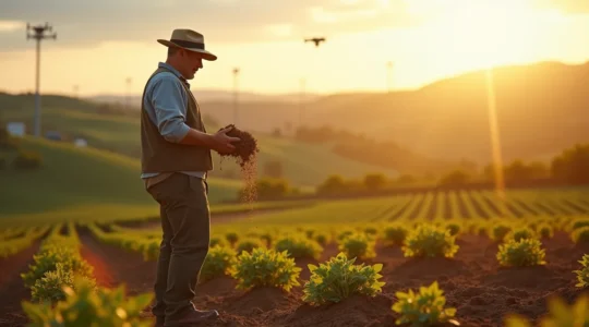 Agricultor moderno con tecnología sostenible en campo verde español