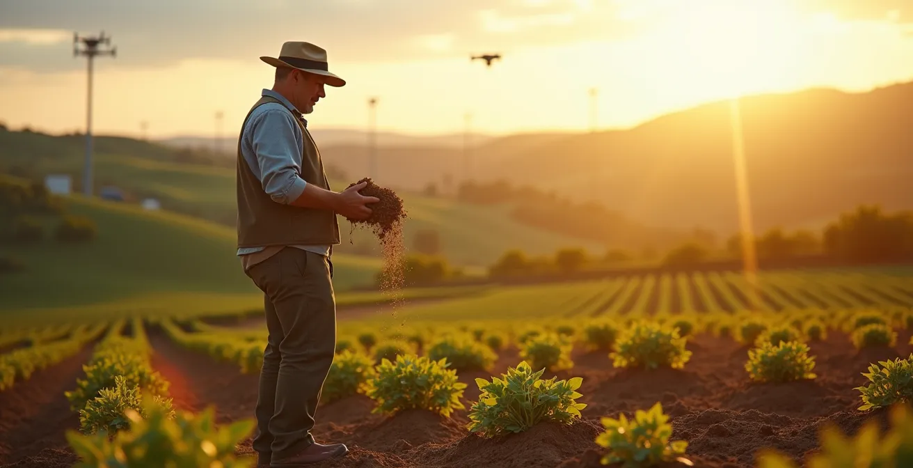 Agricultor moderno con tecnología sostenible en campo verde español