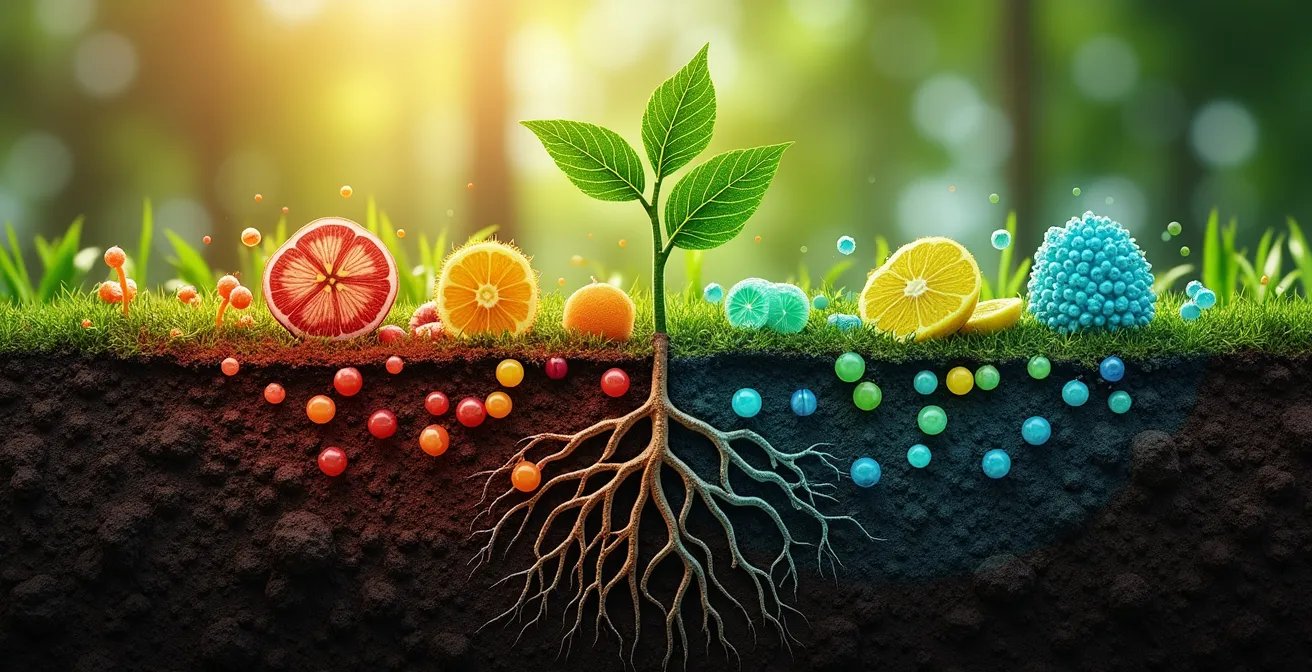 Comparación visual entre análisis de suelo y análisis foliar mostrando nutrientes bloqueados y deficiencias ocultas