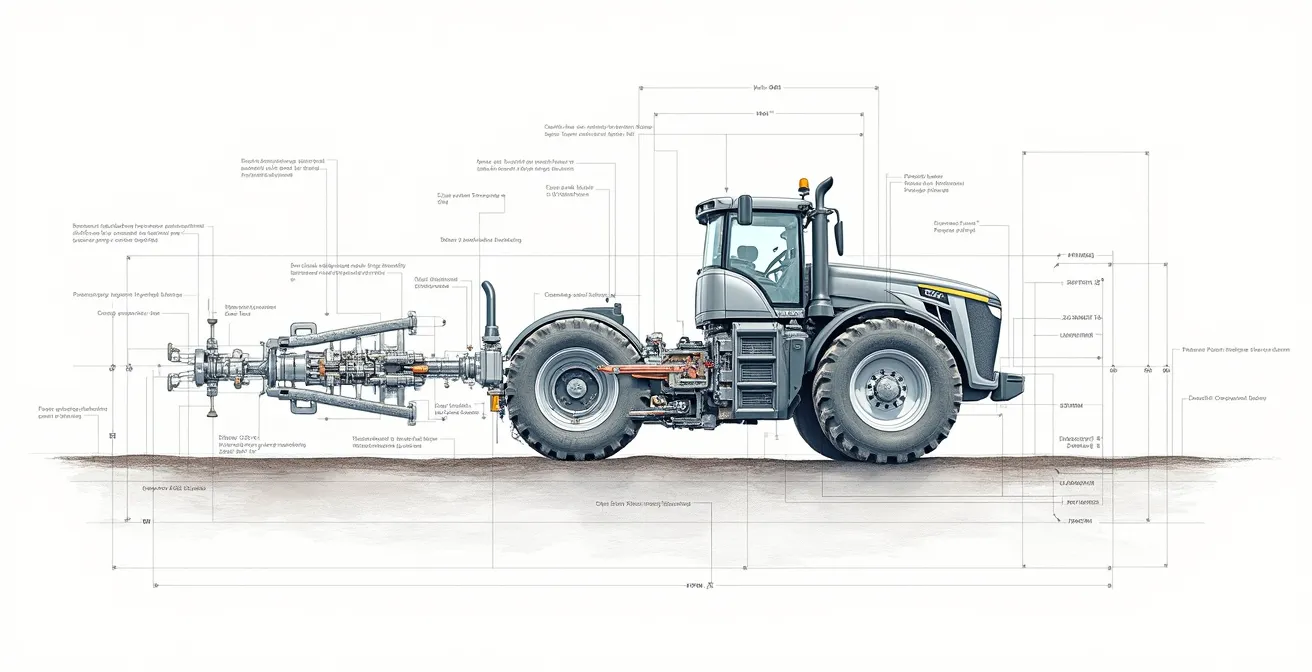 Diagrama técnico de los componentes clave de un cuerpo de siembra moderno con sistemas de presión activa e instrumentos de medición de profundidad.