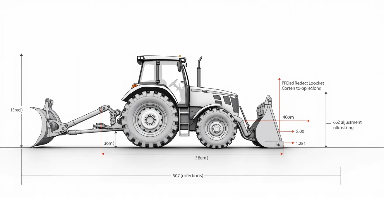 Diagrama técnico mostrando el ajuste correcto de profundidad y ángulo de arado en tres puntos del tractor