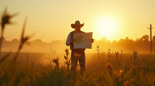 Agricultor estratega en combate visual contra malas hierbas en campo, representación de estrategia militar agrícola