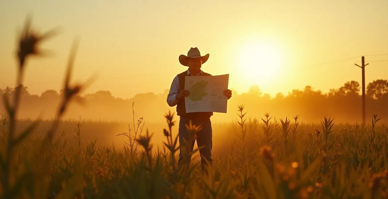 Agricultor estratega en combate visual contra malas hierbas en campo, representación de estrategia militar agrícola