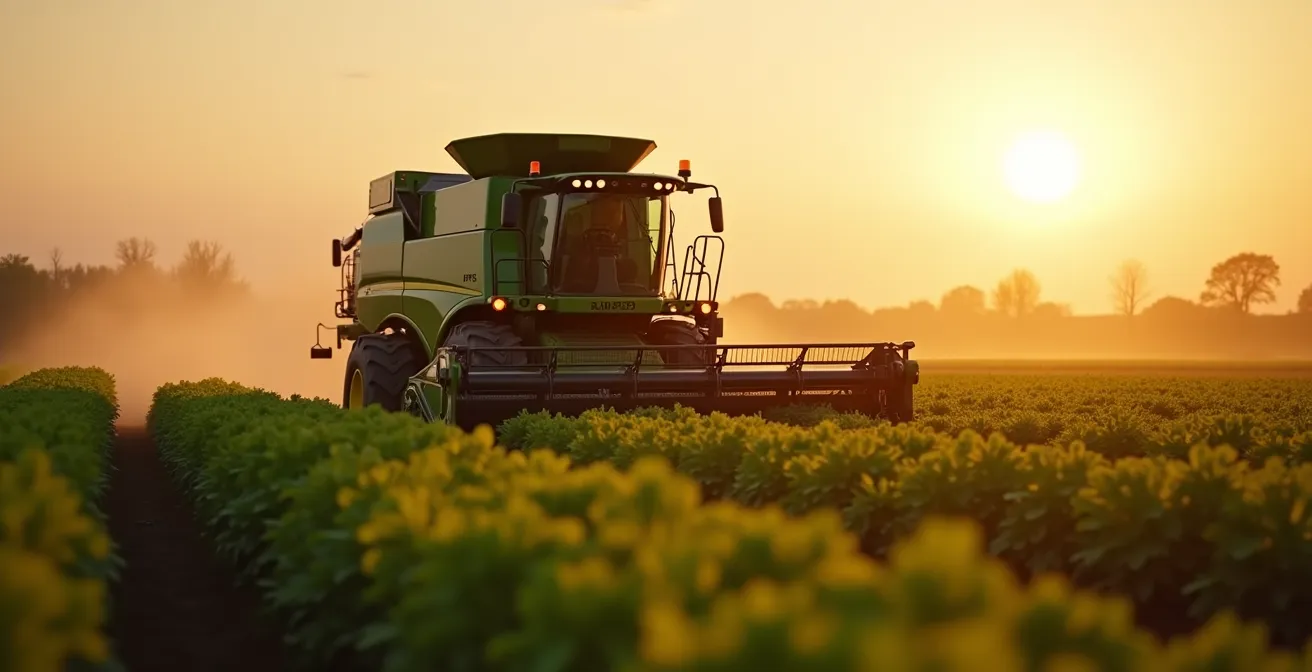 Binadora agrícola moderna con precisión GPS eliminando malas hierbas entre hileras de cultivo