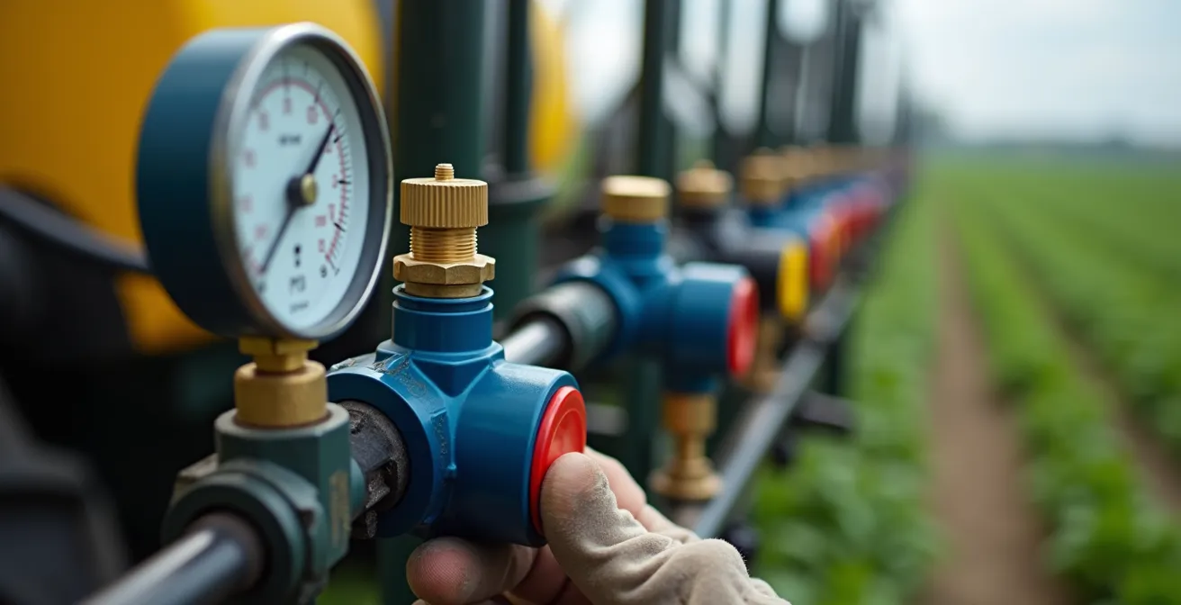 Detalle técnico de boquillas de pulverizador con manómetro y ajustes de presión