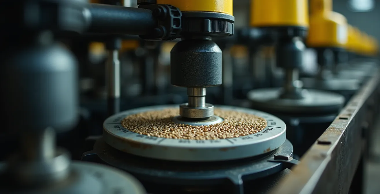 Sembradora neumática de precisión ajustada con semillas uniformes mostrando el calibrado correcto y los parámetros PMG