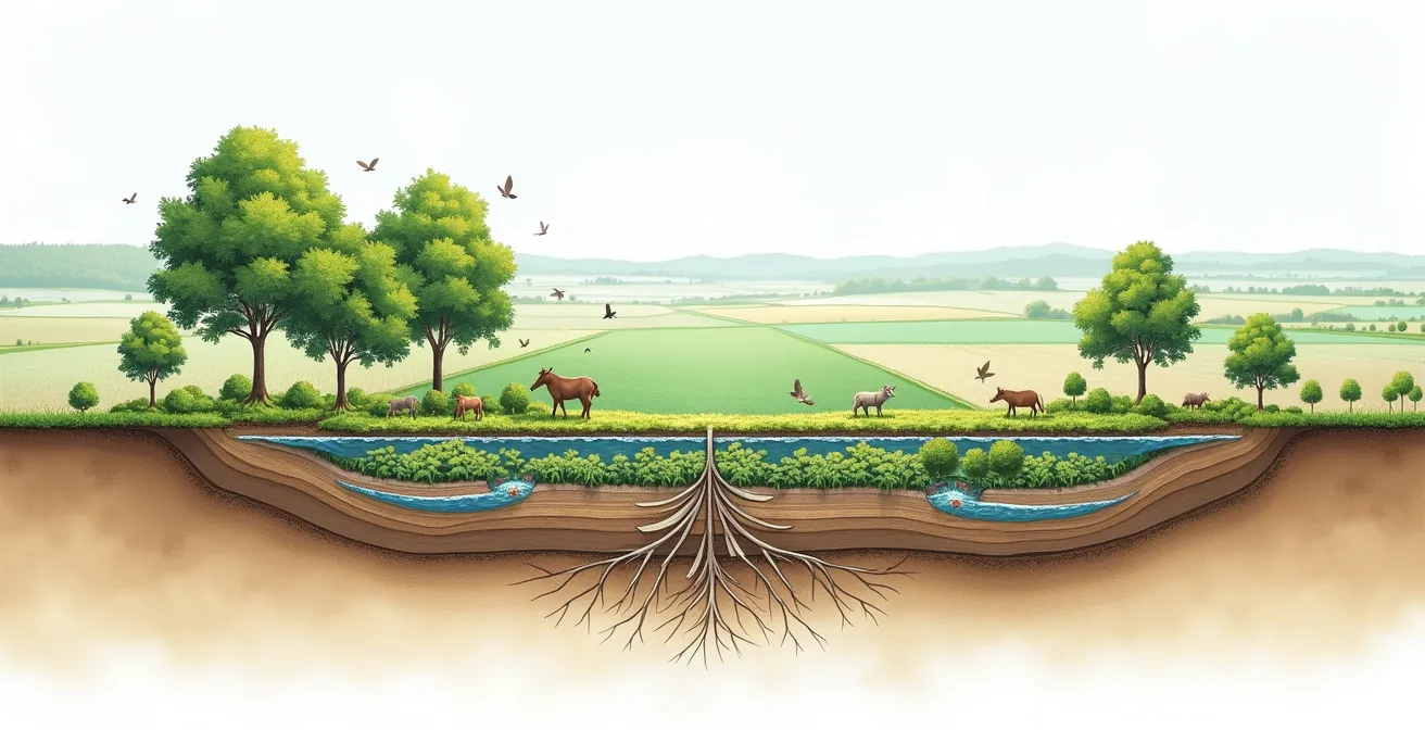 Diagrama de corredores ecológicos multifuncionales en una finca mostrando conexiones entre fragmentos de hábitat, árboles nativos, arbustos, plantas herbáceas, líneas de agua, y zonas de refugio para fauna.