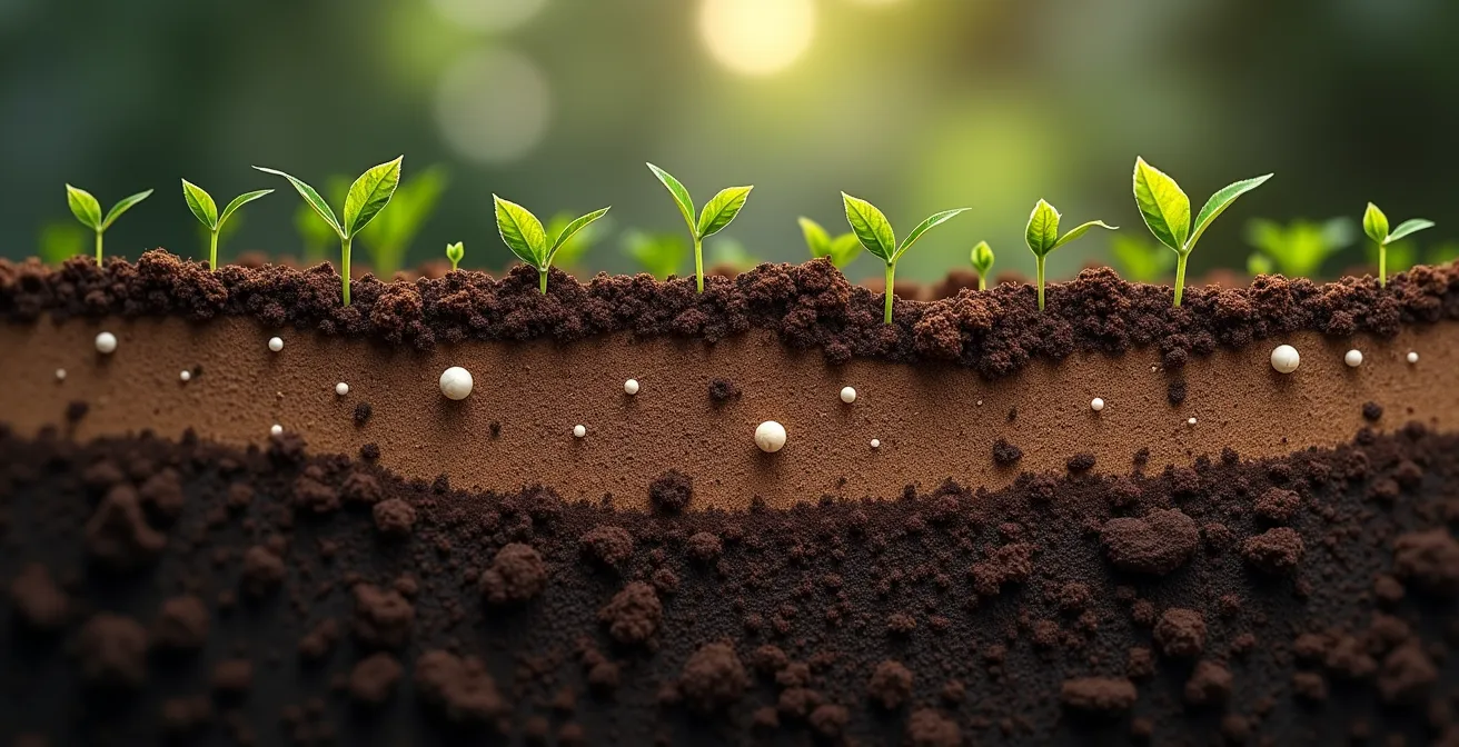 Corte transversal que muestra la formación de una costra de suelo tras laboreo excesivo, con partículas de arcilla dispersas sellando la superficie e impidiendo la emergencia de las plántulas.