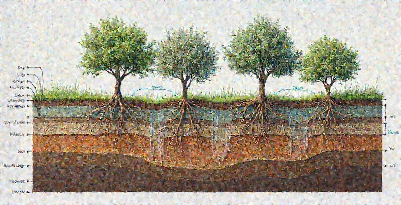 Corte transversal del suelo mostrando protección de cubiertas vegetales contra erosión, infiltración de agua y desarrollo de microbiota