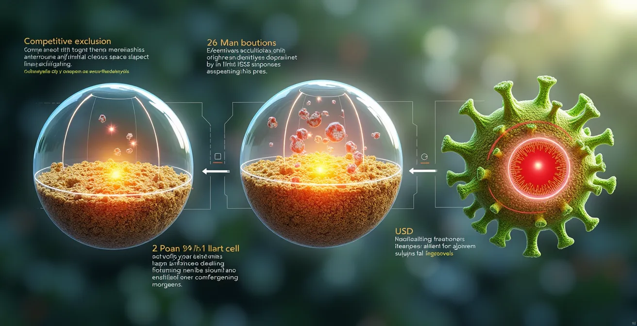 Infografía científica mostrando mecanismos de defensa del suelo: exclusión competitiva, producción de antibióticos naturales y resistencia sistémica inducida (ISR) activada por microorganismos beneficiosos