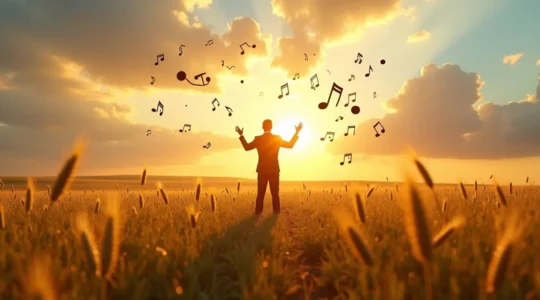 Un director de orquesta dirigiendo diferentes elementos agrícolas en armonía: rotaciones de cultivos, análisis de suelos, decisiones estratégicas, tecnología de precisión y biodiversidad.