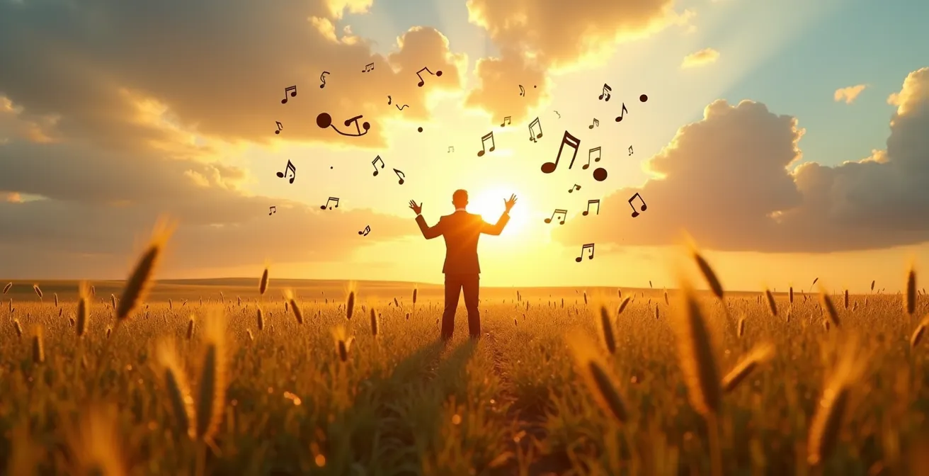 Un director de orquesta dirigiendo diferentes elementos agrícolas en armonía: rotaciones de cultivos, análisis de suelos, decisiones estratégicas, tecnología de precisión y biodiversidad.