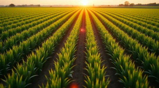 Imagen que muestra una distribución homogénea de semillas en un campo agrícola con representación visual del coeficiente de variación y el rendimiento económico