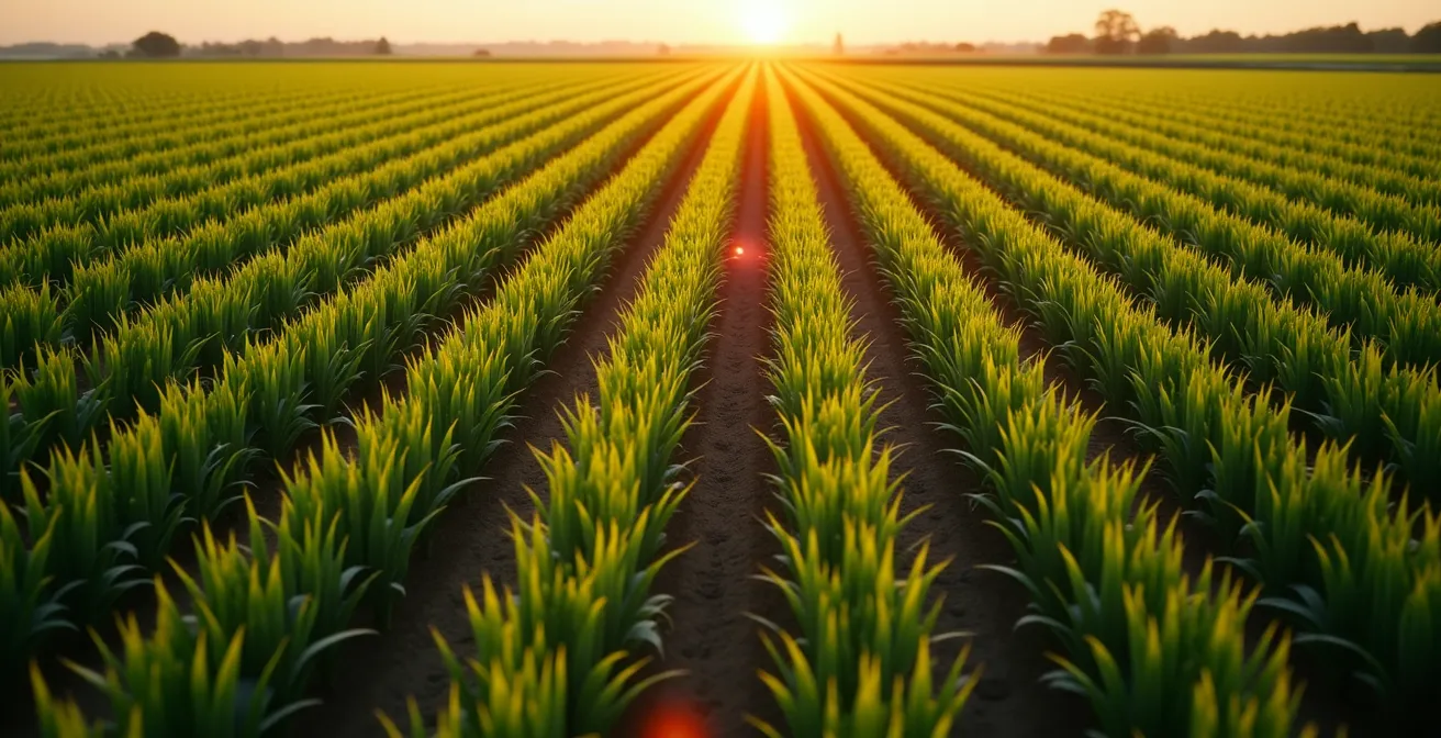 Imagen que muestra una distribución homogénea de semillas en un campo agrícola con representación visual del coeficiente de variación y el rendimiento económico