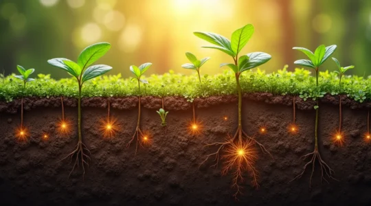 Ilustración simbólica mostrando capas de suelo enriquecido con materia orgánica, raíces de plantas y microorganismos beneficiosos interconectados en un ecosistema de fertilidad