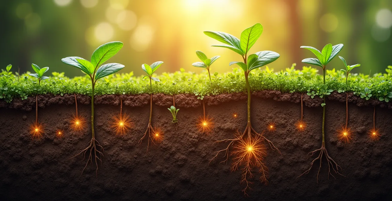 Ilustración simbólica mostrando capas de suelo enriquecido con materia orgánica, raíces de plantas y microorganismos beneficiosos interconectados en un ecosistema de fertilidad