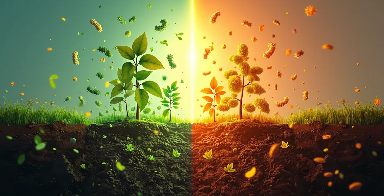 Diagrama que muestra cómo combinar fertilizantes minerales para actividad biológica inicial y materia orgánica para sostenimiento a largo plazo en el suelo