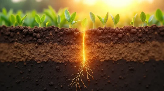 Visualización de un lecho de siembra bien preparado con estructura de agregados, capas de suelo estratificadas y raíces emergentes en un campo agrícola.