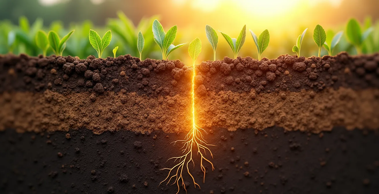Visualización de un lecho de siembra bien preparado con estructura de agregados, capas de suelo estratificadas y raíces emergentes en un campo agrícola.