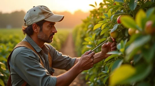 Agricultor experto inspeccionando plantas de cultivo en campo con técnicas avanzadas de agricultura de precisión