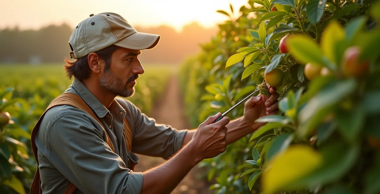 Agricultor experto inspeccionando plantas de cultivo en campo con técnicas avanzadas de agricultura de precisión