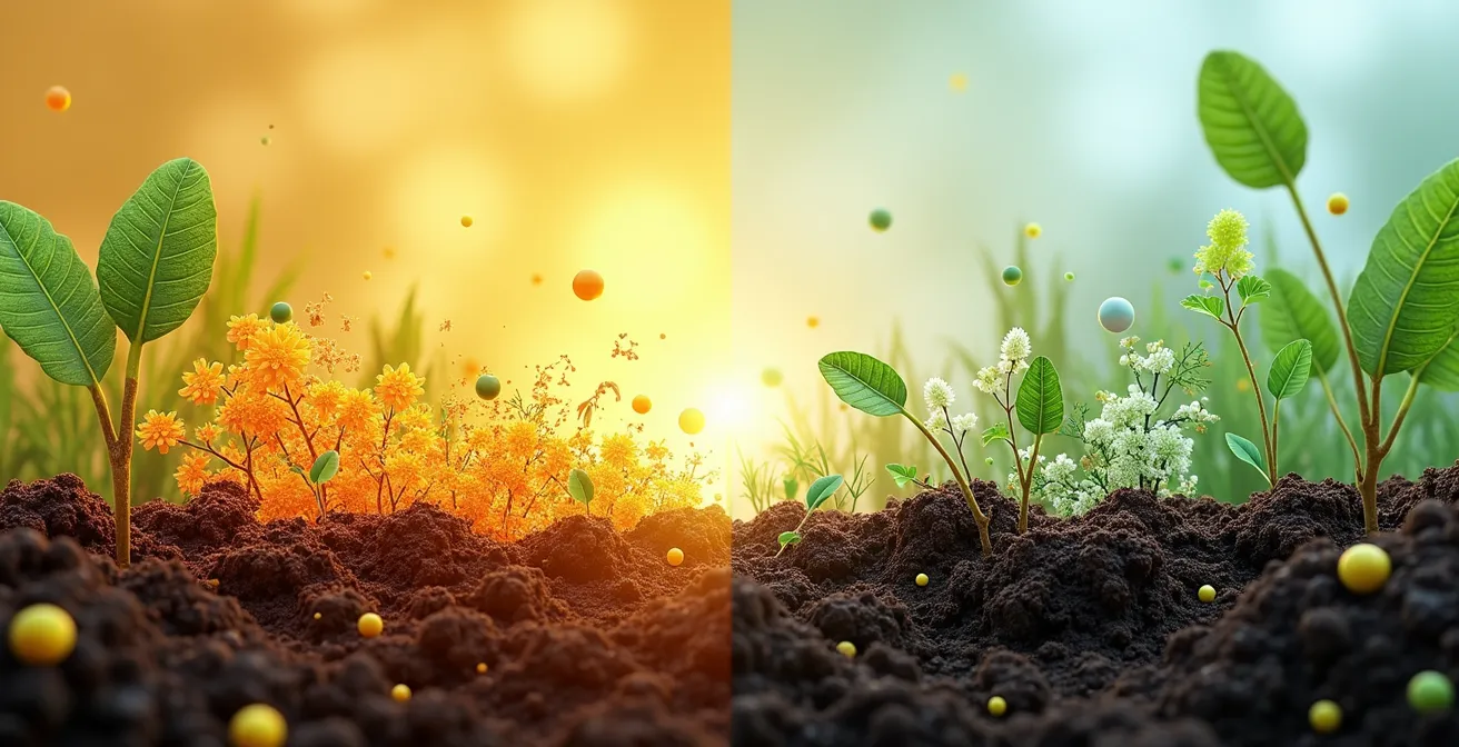 Ilustración conceptual de la materia orgánica actuando como un imán de nutrientes y una esponja de agua en el suelo.