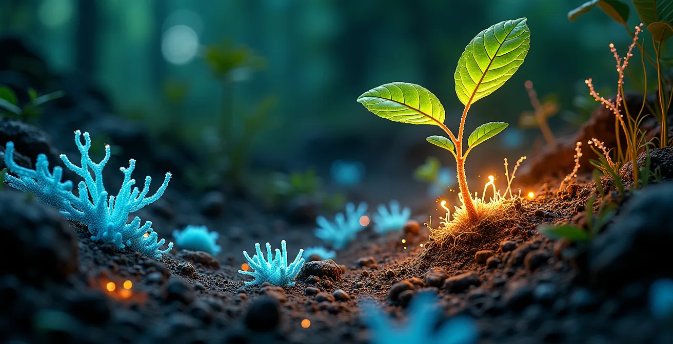 Visualización artística del complejo mundo microbiano del suelo: redes de micelio fúngico, bacterias benéficas colonizando raíces, ciclos de nutrientes, y flujo de energía de fotosíntesis a exudados radiculares.