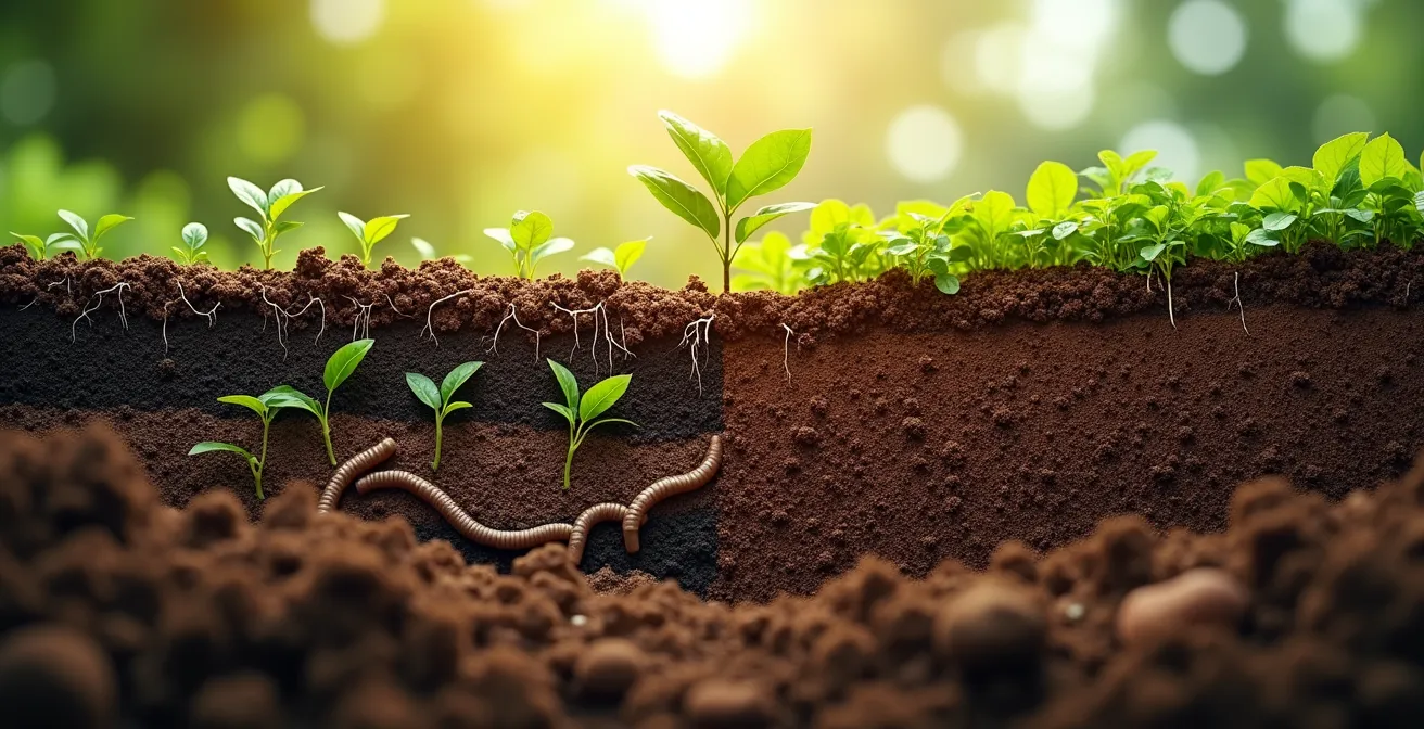 Suelo vivo con microorganismos beneficiosos visibles, raíces saludables y estructura agregada