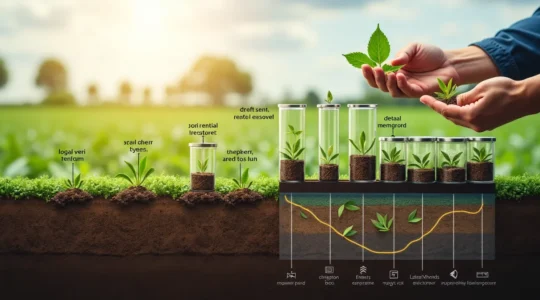 Sistema de monitorización completo del suelo agrícola mostrando muestras, análisis foliar y sensores en tiempo real