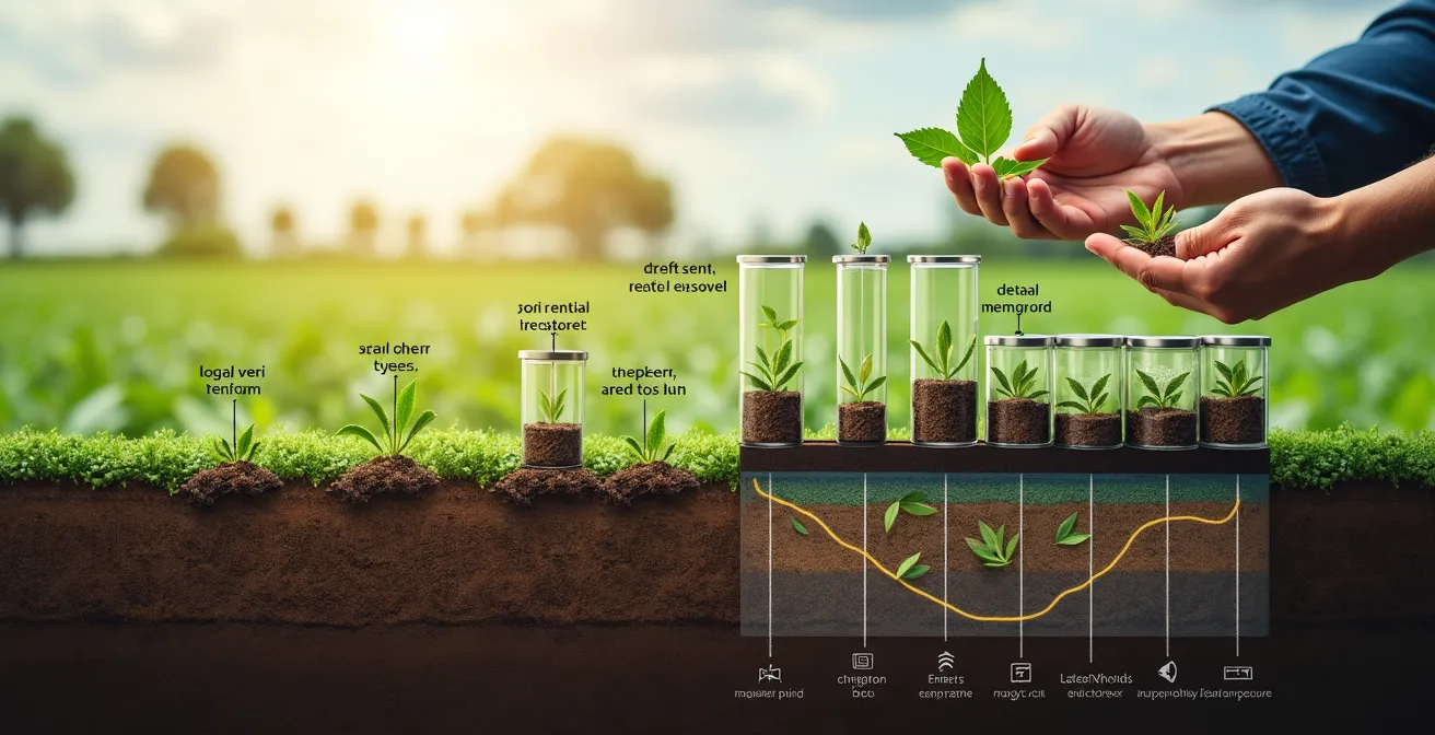 Sistema de monitorización completo del suelo agrícola mostrando muestras, análisis foliar y sensores en tiempo real