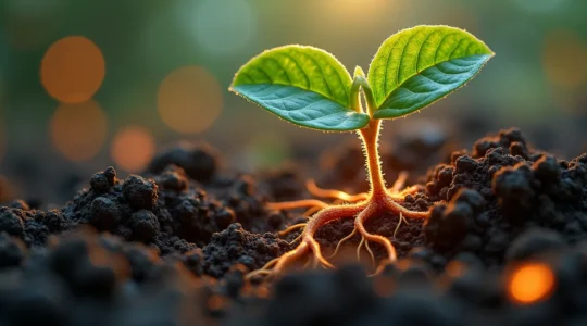 Microorganismos benéficos trabajando en el suelo para nutrir las raíces de una planta verde, en un ambiente natural y vibrante.