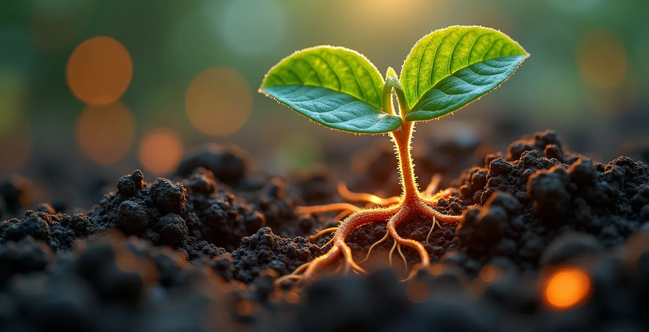 Microorganismos benéficos trabajando en el suelo para nutrir las raíces de una planta verde, en un ambiente natural y vibrante.