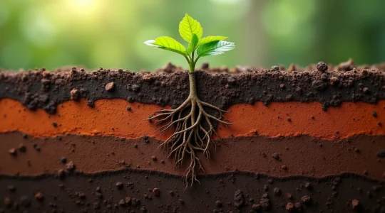 Perfil del suelo mostrando horizontes diferenciados, agregados, raíces y estructura del terreno agrícola