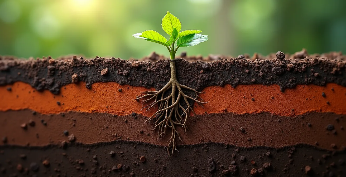Perfil del suelo mostrando horizontes diferenciados, agregados, raíces y estructura del terreno agrícola