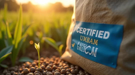 Saco de semilla certificada con etiqueta azul junto a datos de rendimiento agrícola mostrando la importancia de la decisión correcta