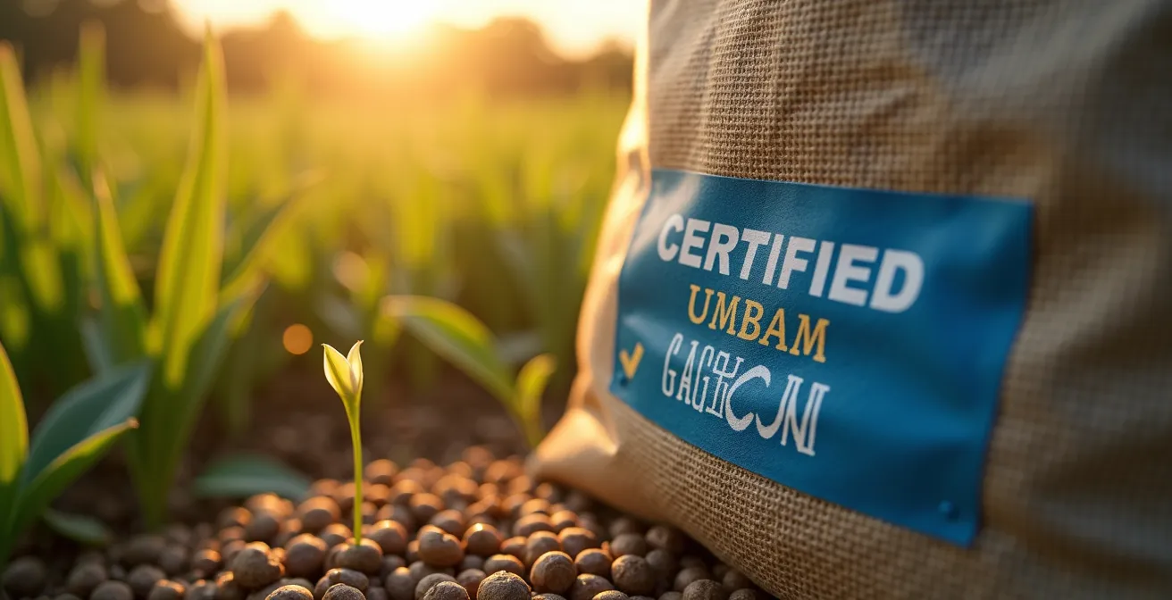 Saco de semilla certificada con etiqueta azul junto a datos de rendimiento agrícola mostrando la importancia de la decisión correcta