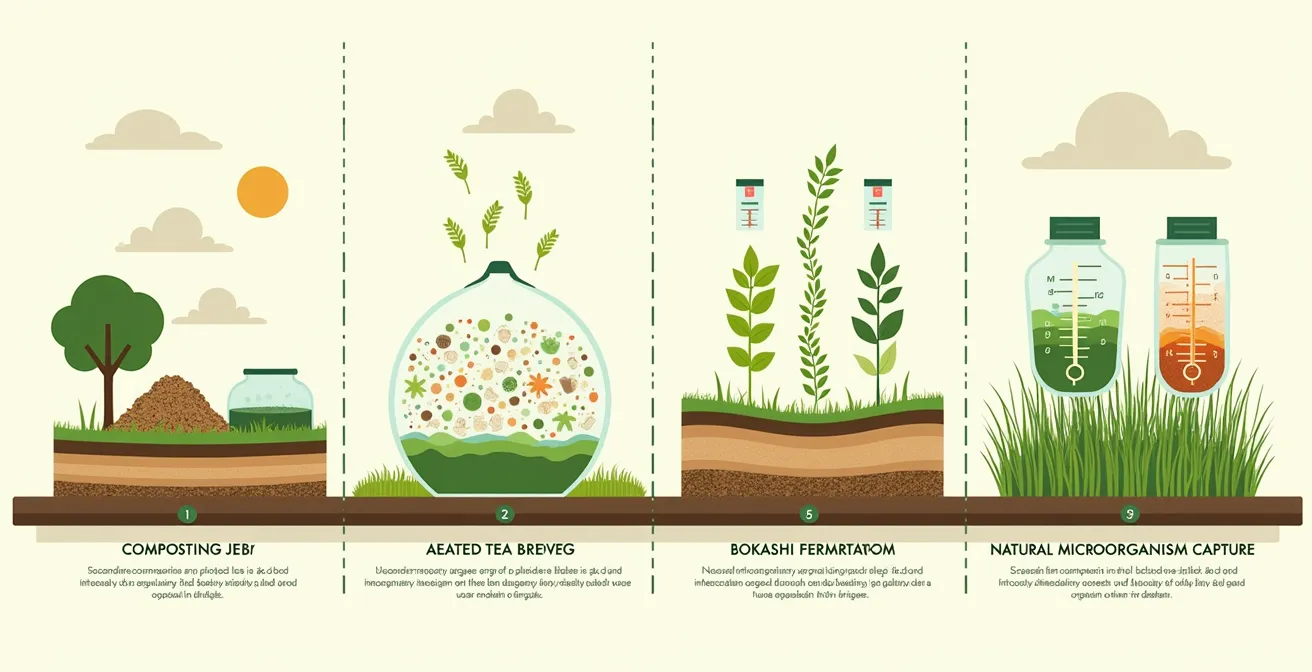 Diagrama ilustrado del proceso paso a paso para producir biofertilizantes caseros: compost, té aireado, bocashi y microorganismos nativos.
