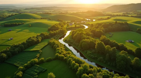 Vista aérea de una finca agrícola regenerativa con setos verdes, corredores ecológicos, parcelas de cultivos diversificados, y micro-hábitats para insectos beneficiosos.