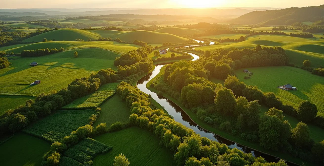 Vista aérea de una finca agrícola regenerativa con setos verdes, corredores ecológicos, parcelas de cultivos diversificados, y micro-hábitats para insectos beneficiosos.