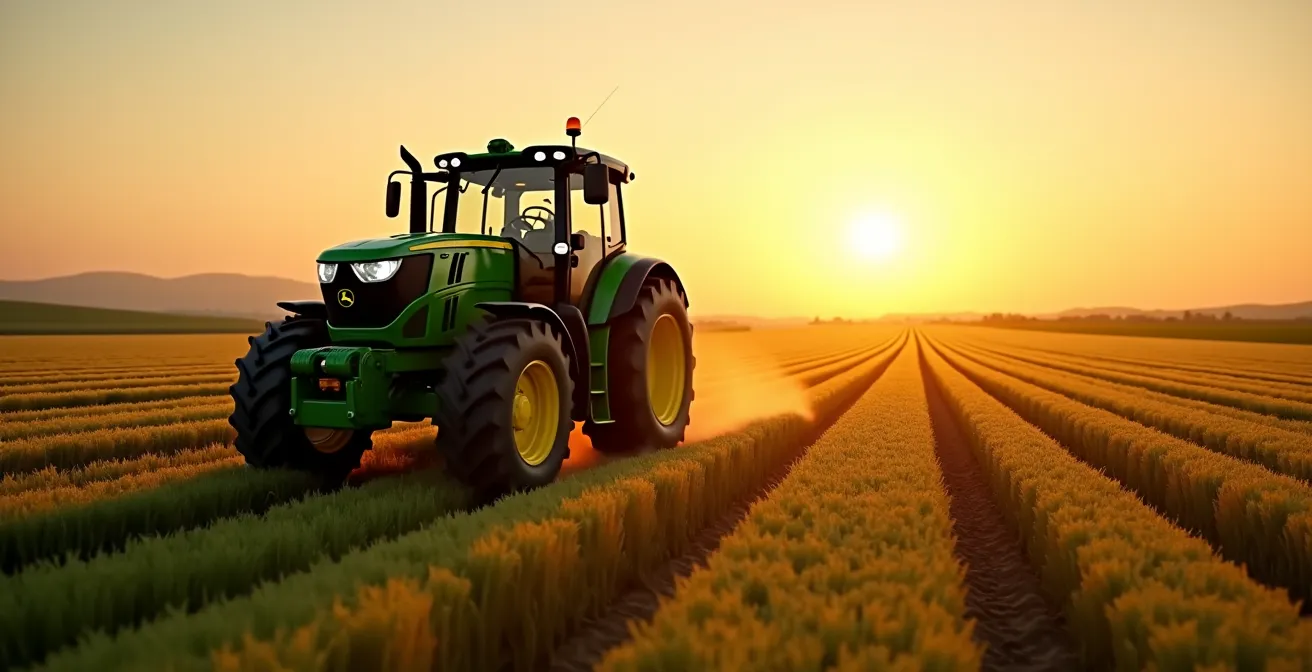 Tractor moderno con sistemas de autoguiado GPS trabajando en campo agricola con precision