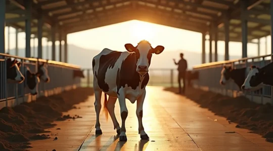 Granja moderna con vacas en establo luminoso, símbolos de certificación y sostenibilidad