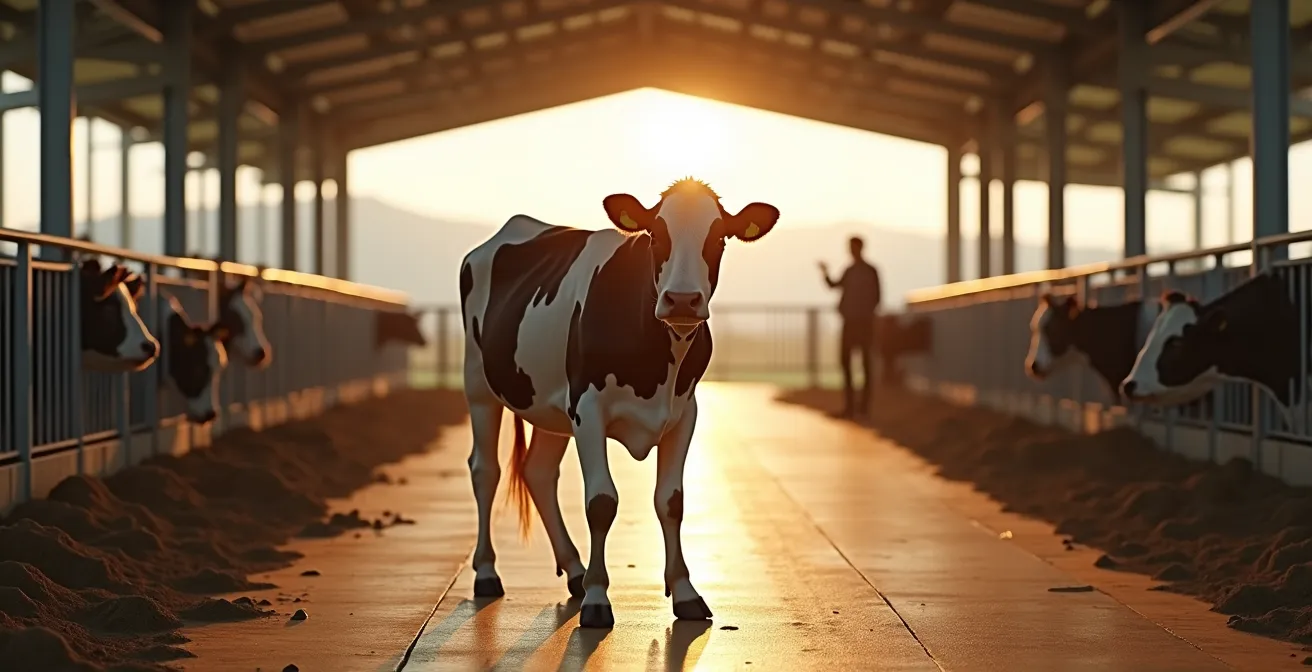 Granja moderna con vacas en establo luminoso, símbolos de certificación y sostenibilidad