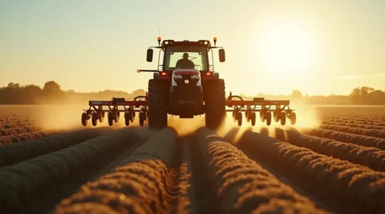Una sembradora neumática de precisión trabajando en un campo agrícola moderno, mostrando la tecnología de siembra milimétrica en acción.