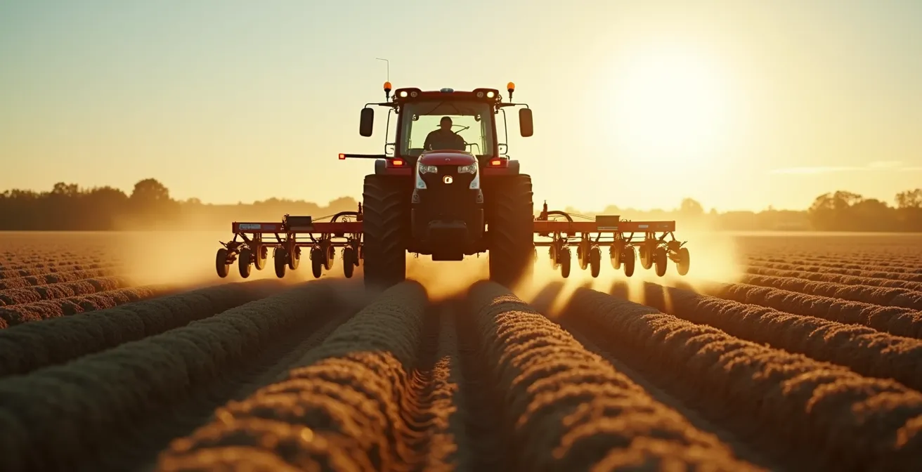 Una sembradora neumática de precisión trabajando en un campo agrícola moderno, mostrando la tecnología de siembra milimétrica en acción.