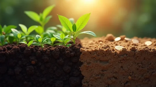 Ilustración de un suelo rico y fértil como una cuenta bancaria con nutrientes y microorganismos beneficiosos trabajando en el cultivo