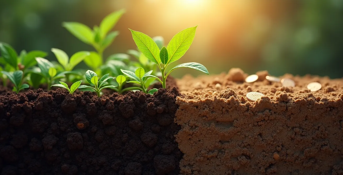 Ilustración de un suelo rico y fértil como una cuenta bancaria con nutrientes y microorganismos beneficiosos trabajando en el cultivo