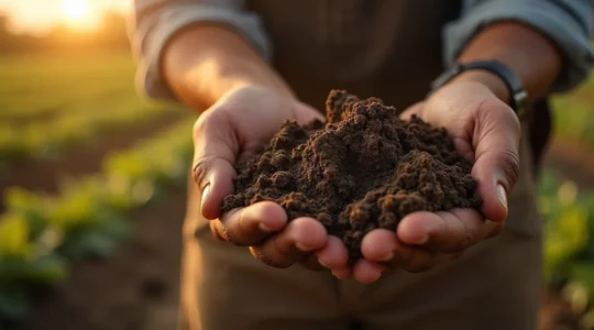Imagen de manos de un agricultor tocando suelo compactado y agrietado que representa la asfixia del suelo