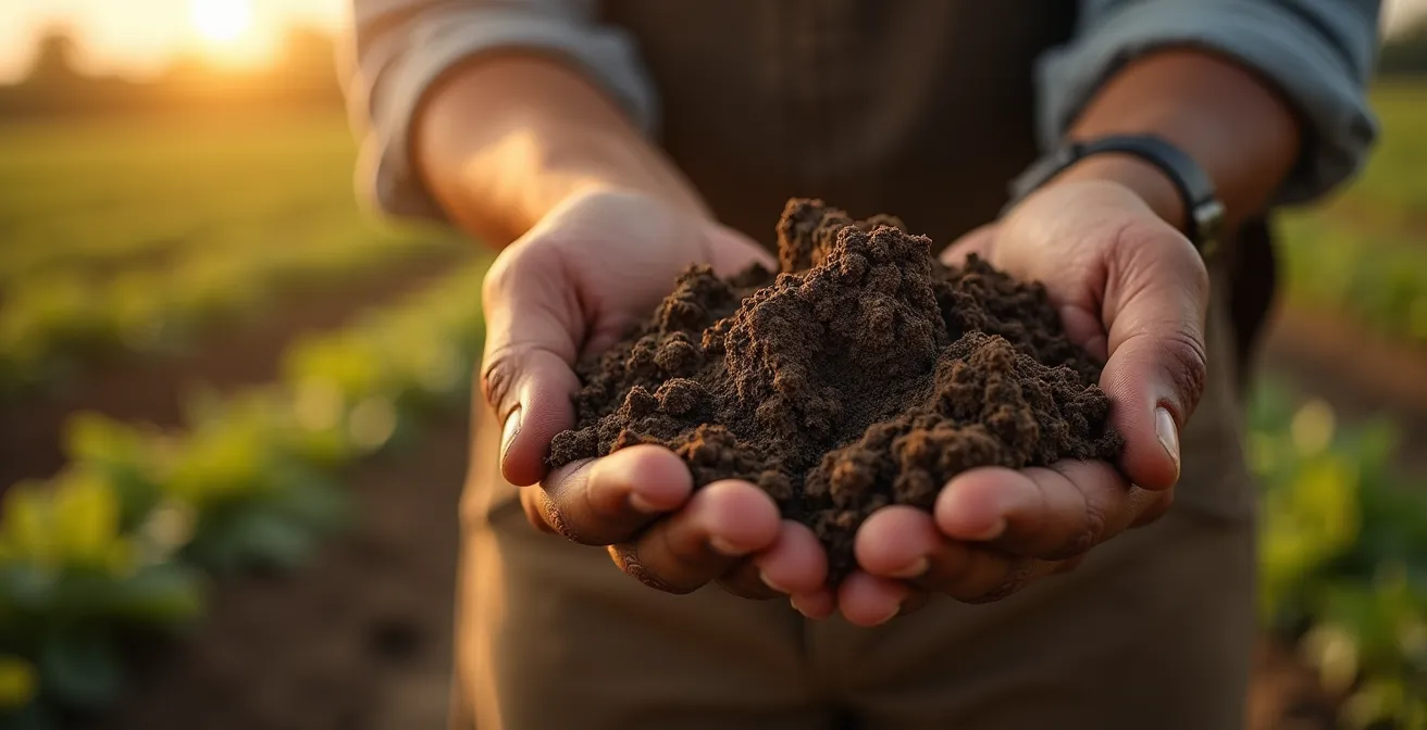 Imagen de manos de un agricultor tocando suelo compactado y agrietado que representa la asfixia del suelo